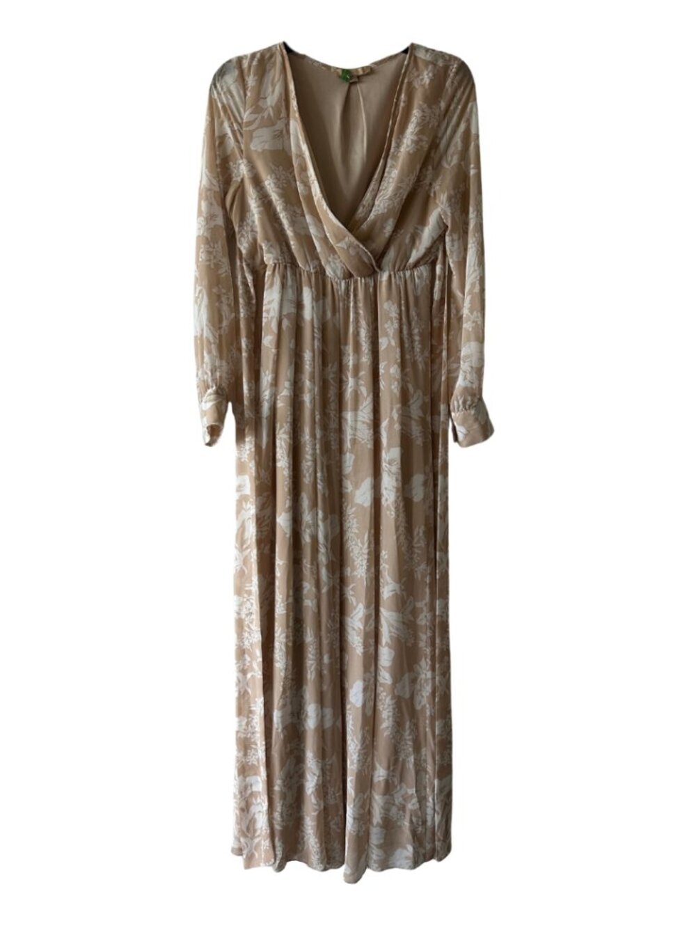 Beige Floral Chiffon Long Sleeve Maxi Dress (Size Medium)